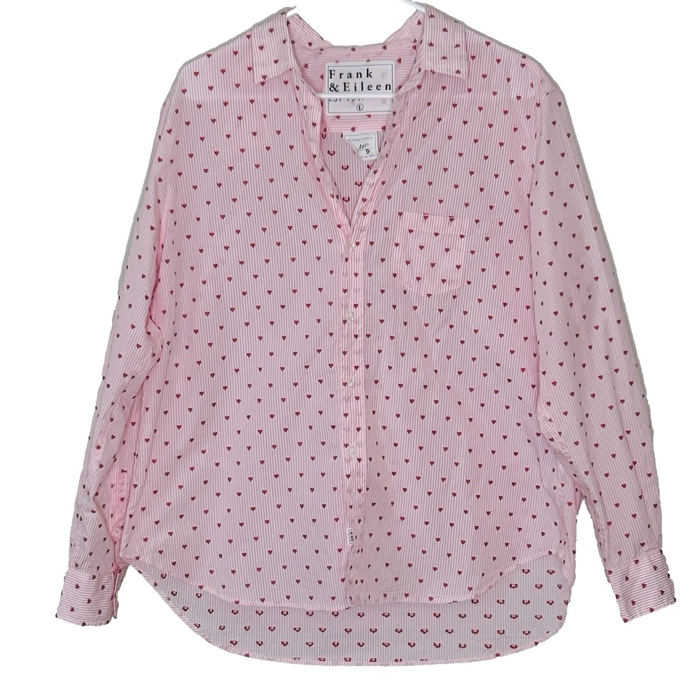 Frank & Eileen EILEEN Shirt Size L Pink Stripe w/Hearts Long Sleeve Relaxed